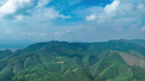 Wind Turbines Mountain View Beautiful View Aerial Timelapse Stockbeeldmateriaal 320378096