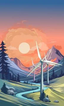 Wind turbines with mountains in the background, vector illustration Stock Illustration