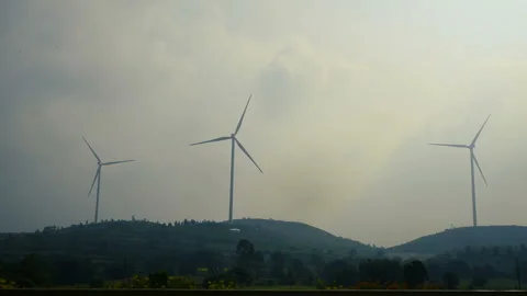 Wind turbines in the mountains Stock Footage 146258971