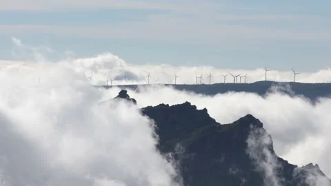 Wind turbines on mountains surrounded by clouds in Madeira island, Portugal Stock Footage 162616770