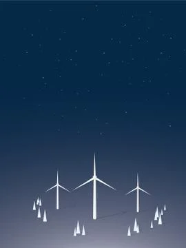 Wind turbines at night vector concept. Wind alternative renewable energy source Stock Illustration