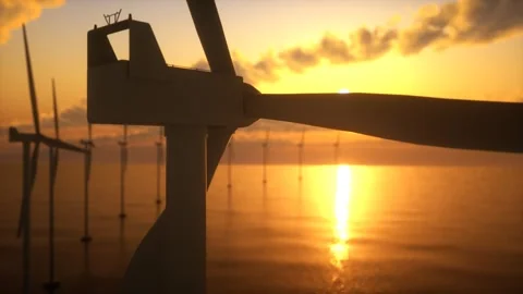 Wind turbines in the ocean at sunset. 3D animation Stock Footage 260382438