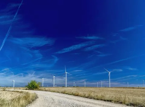 Wind turbines in an open field under a vibrant blue sky. Stock Photos