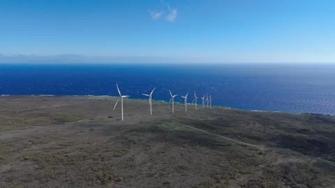 Wind Turbines Overlooking Pacific Ocean, Maui Hawaii – Aerial 4K Stock Footage 320805768