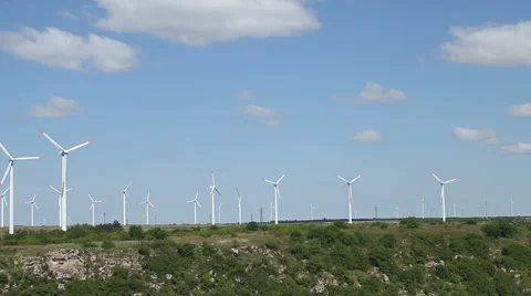 Wind turbines park producing renewable energy Stock Footage 67216288