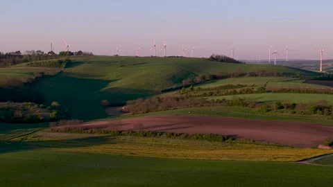 Wind Turbines Patchwork Fields Aerial View Stock-Footage 336289143