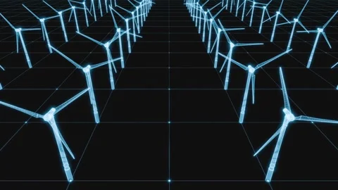 Wind turbines, planning, model of a wind farm, hologram, blueprint, grid plan Stock Footage 313735339
