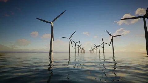 Wind Turbines Power Generator Farm In Sea Video stock 155444445