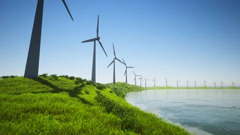 Wind Turbines Power Generators At Lake Coastline 動画素材 155430158