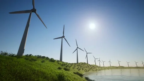 Wind Turbines Power Generators At Lake Coastline 動画素材 155430174