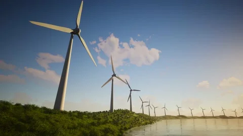 Wind Turbines Power Generators At Lake Coastline 動画素材 155434697