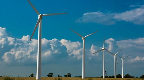 Wind turbines producing renewable energy in British countryside Stock Footage 36435224
