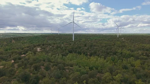 Wind turbines producing renewable energy in a green forest under a cloudy sky Video stock 336202211
