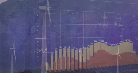 Wind turbines receiving data and generating 3D bar chart showing energy trends Stock Footage 333901342