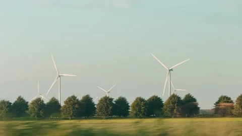 Wind turbines rise behind a tree line across open farmland, creating a calm Stock Footage 345832980
