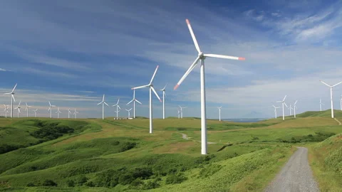 Wind Turbines, Roads, and Mount Rishiri Vídeos de archivo 330252544
