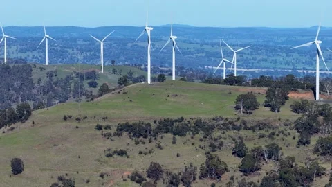 Wind Turbines on Rolling Green Hills Generating Renewable Energy Stock Footage 345457256