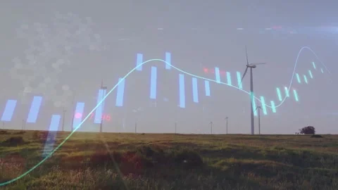 Wind turbines rotating, data feed driving animated cyan bars and line sweeping Stock Footage 333154032