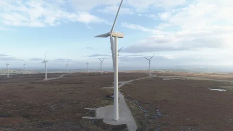 Wind Turbines Rotating generating electricity, Drone, Halifax, Yorkshire Stock Footage 93193849