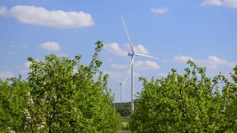 Wind turbines rotating in a green field under blue sky 스톡 동영상 339094866