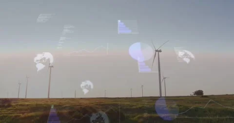Wind turbines rotating while data feed activating HUD overlays showing energy Stock Footage 333901338