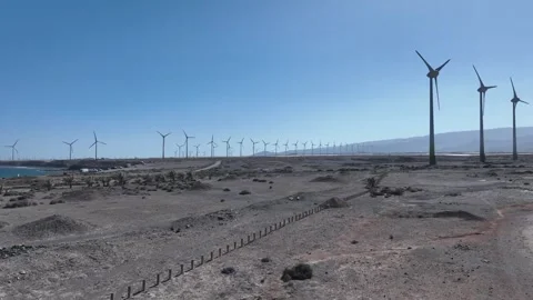 Wind Turbines in Row Along Raw Coastline Stock Footage 310017817