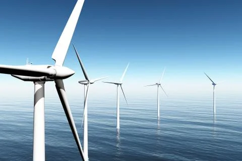 Wind Turbines in the Sea 3D render 03 Stock Illustration