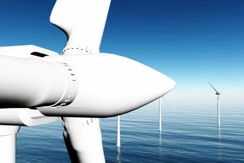 Wind Turbines in the Sea 3D render 04 Stock Illustration