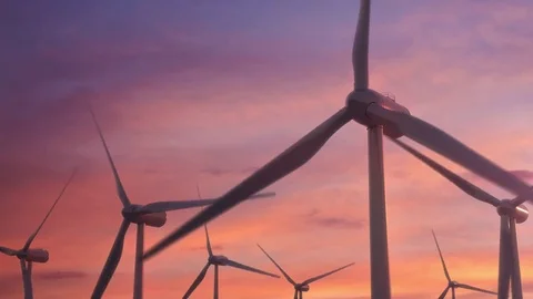 Wind Turbines Seamless Loop with Alpha - Evening Sunset, 4K Stock Footage 80345128