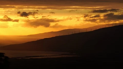 Wind turbines silhouette at sunset generating clean renewable energy Stock Footage 88116484