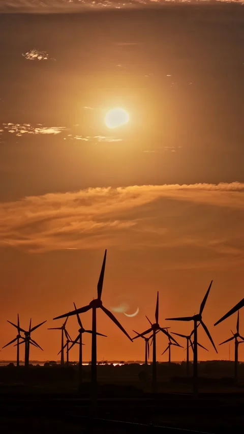 Wind turbines silhouetted against a partial solar eclipse at sunset Stock Footage 346587501