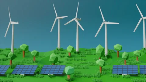 Wind turbines, solar panels, trees, grass, green hills against blue sky Stock Footage 309794985