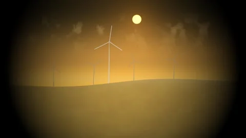 Wind turbines stand against a sunset backdrop in a rural Stock Footage 338228043