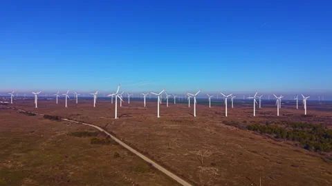 Wind turbines stand in a field under a clear blue sky, with a dirt road leading Stock Footage 331894826