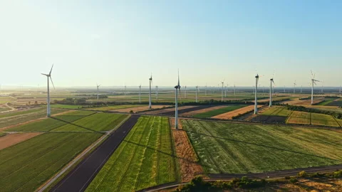 Wind turbines stand in a large field, with green crops growing around them Stock Footage 344268636