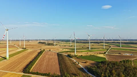 Wind turbines stand silent in an open field during clear weather under a blue Stock Footage 344169831