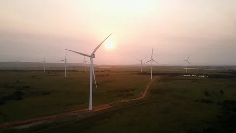 Wind turbines at sunrise 스톡 동영상 71614769
