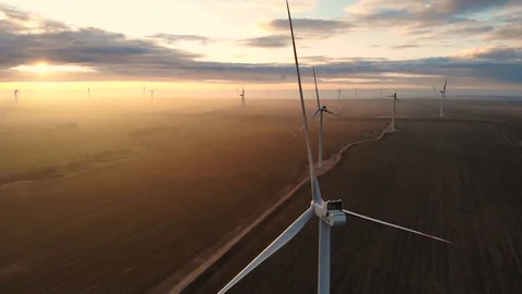 Wind turbines at sunrise Stock Footage