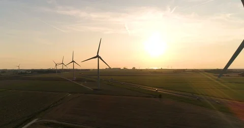 Wind Turbines, Sunset, Dutch Highway -  Friesland, The Netherlands – 4K Drone Stock Footage 123710048