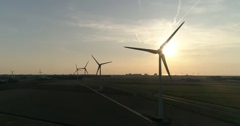 Wind Turbines, Sunset, Dutch Highway -  Friesland, The Netherlands – 4K Drone Stock Footage 123710122