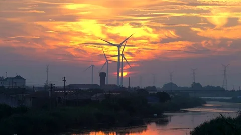 Wind Turbines at sunset Video stock 78149057