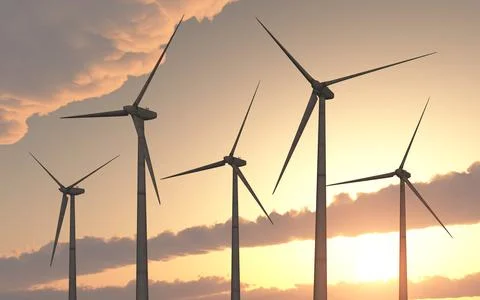 Wind turbines at sunset Illustrazione stock