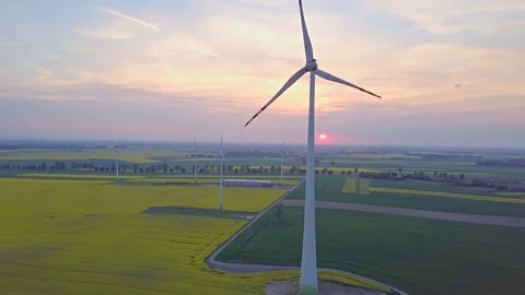 Wind Turbines at sunset over yellow rape flowers field. Stock Footage 76215028