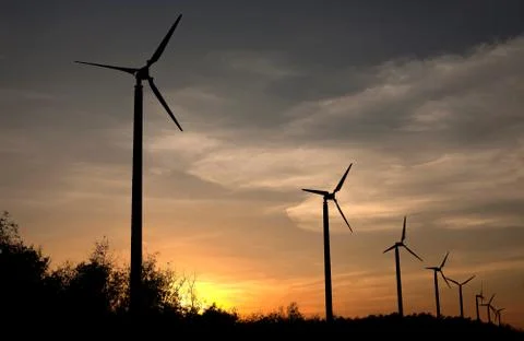 Wind turbines in the sunset Foto stock