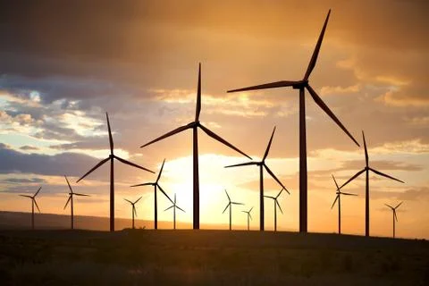 Wind turbines on sunset sky Stock Photos
