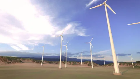Wind turbines turning in large desert wind farm Video stock 149692003