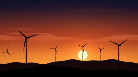 Wind turbines turning at sunset on rolling hills, renewable energy 4K seamless l Видео 347991726