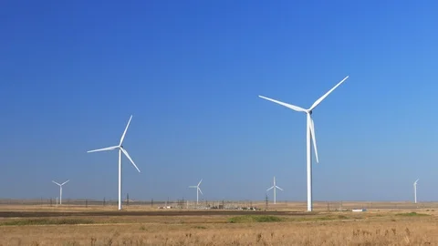Wind turbines using wind energy. Propellers of windmills, close-up Stock Footage 116050755