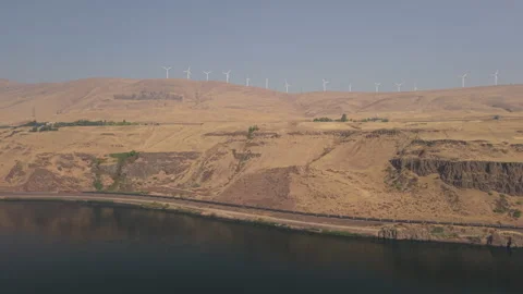 Wind turbines on the Washington side of the Columbia River Gorge Stock Footage 346513995
