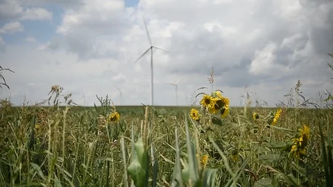 Wind turbines in a wind farm with a dramatic stormy sky in the background 스톡 동영상 112341985